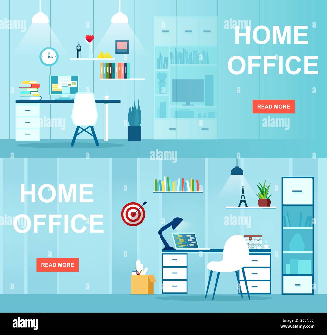 Vector of an office interior with desktop, business workspace. Workplace at home concept. Stock Vector