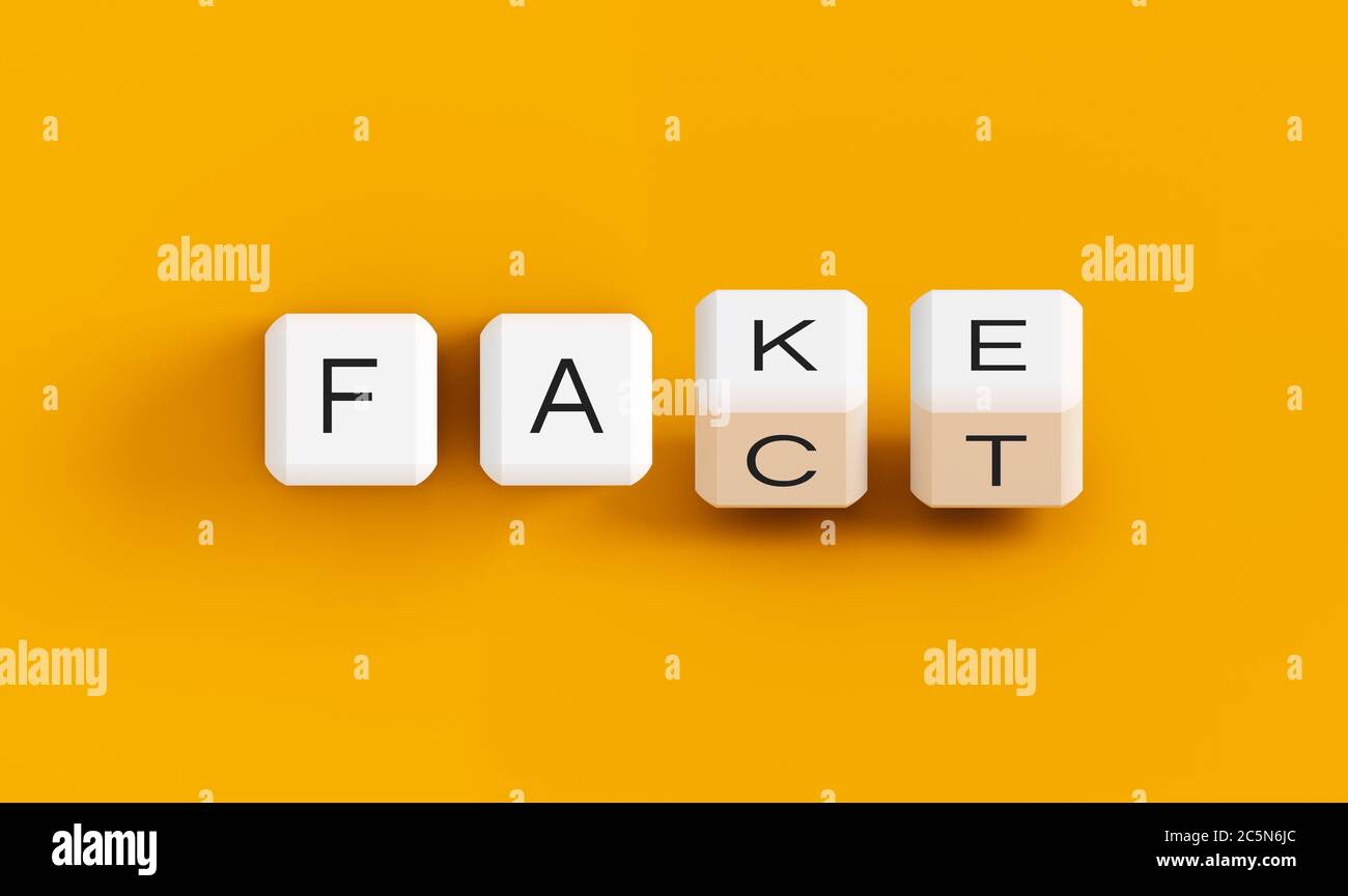 Fake news illustration, fact-checking 3D dice concept message. True illustration of 4 dice cubes with 'Fake / Fact' text on it Stock Photo