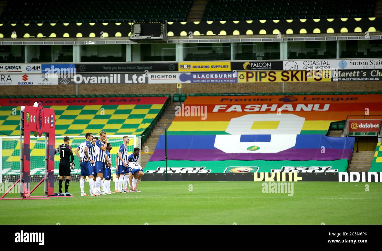 Brighton & Hove Albion players line up for the Premier League match at Carrow Road, Norwich. Stock Photo