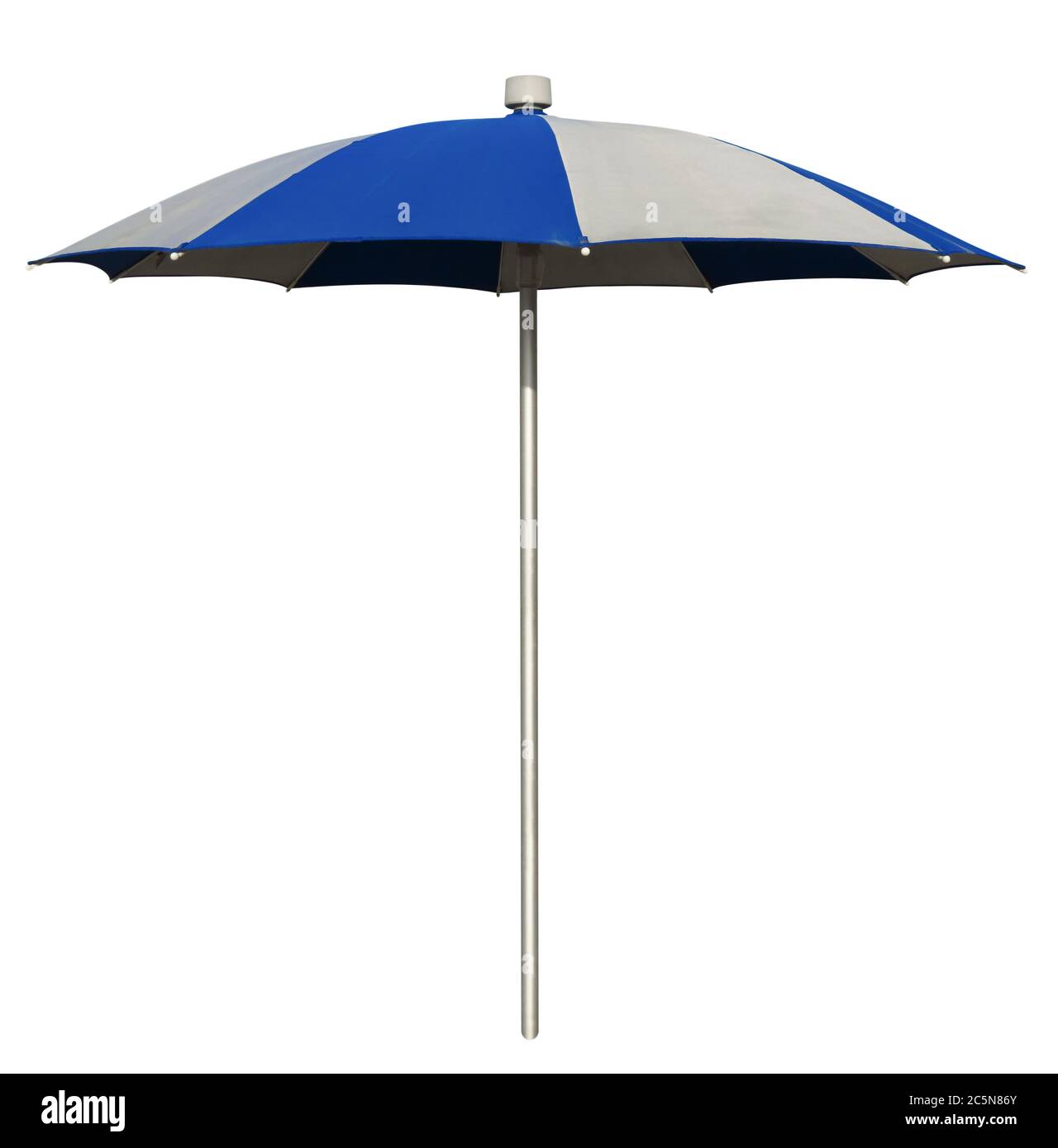 WhiteBlue striped beach umbrella isolated on white. Clipping path