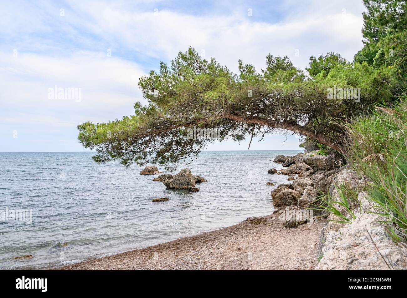 Seaside view, surrounded by rocks and trees Stock Photo - Alamy