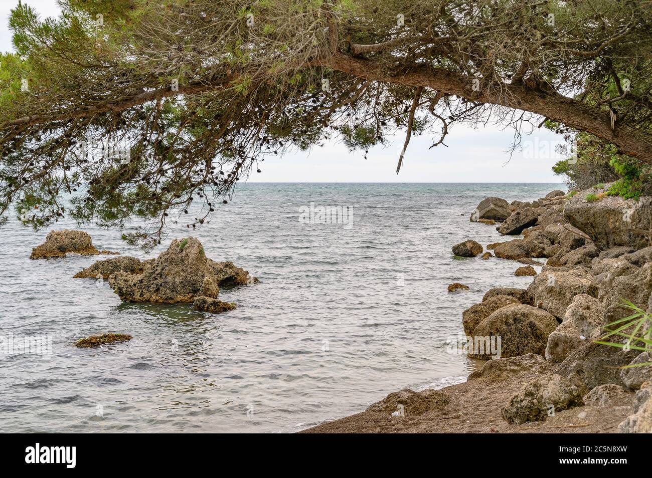 Seaside view, surrounded by rocks and trees Stock Photo - Alamy