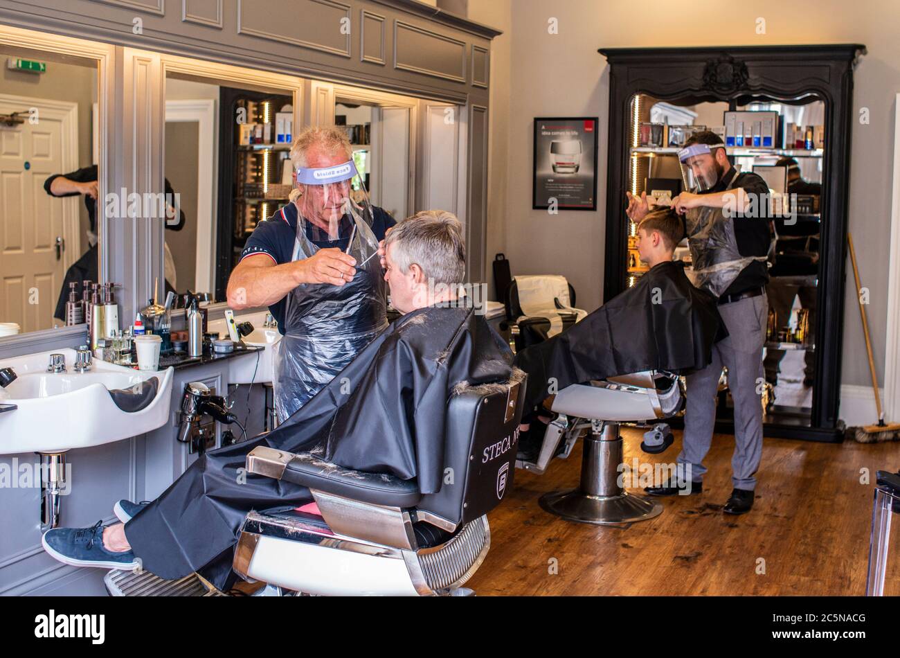 Harrogate, North Yorkshire, UK. 4th July, 2020. David Steca and Hugo Wragg from Steca N.6 barber