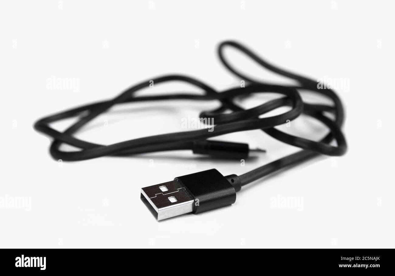 Black USB cable isolated on white background. Close-up Stock Photo