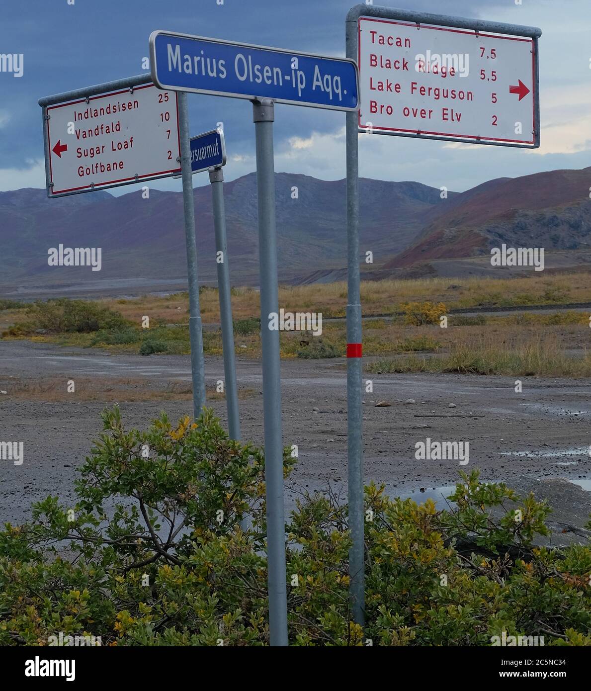 Follow these signs to into the wilderness to see musk oxen and flora and fauna and get lost! Stock Photo