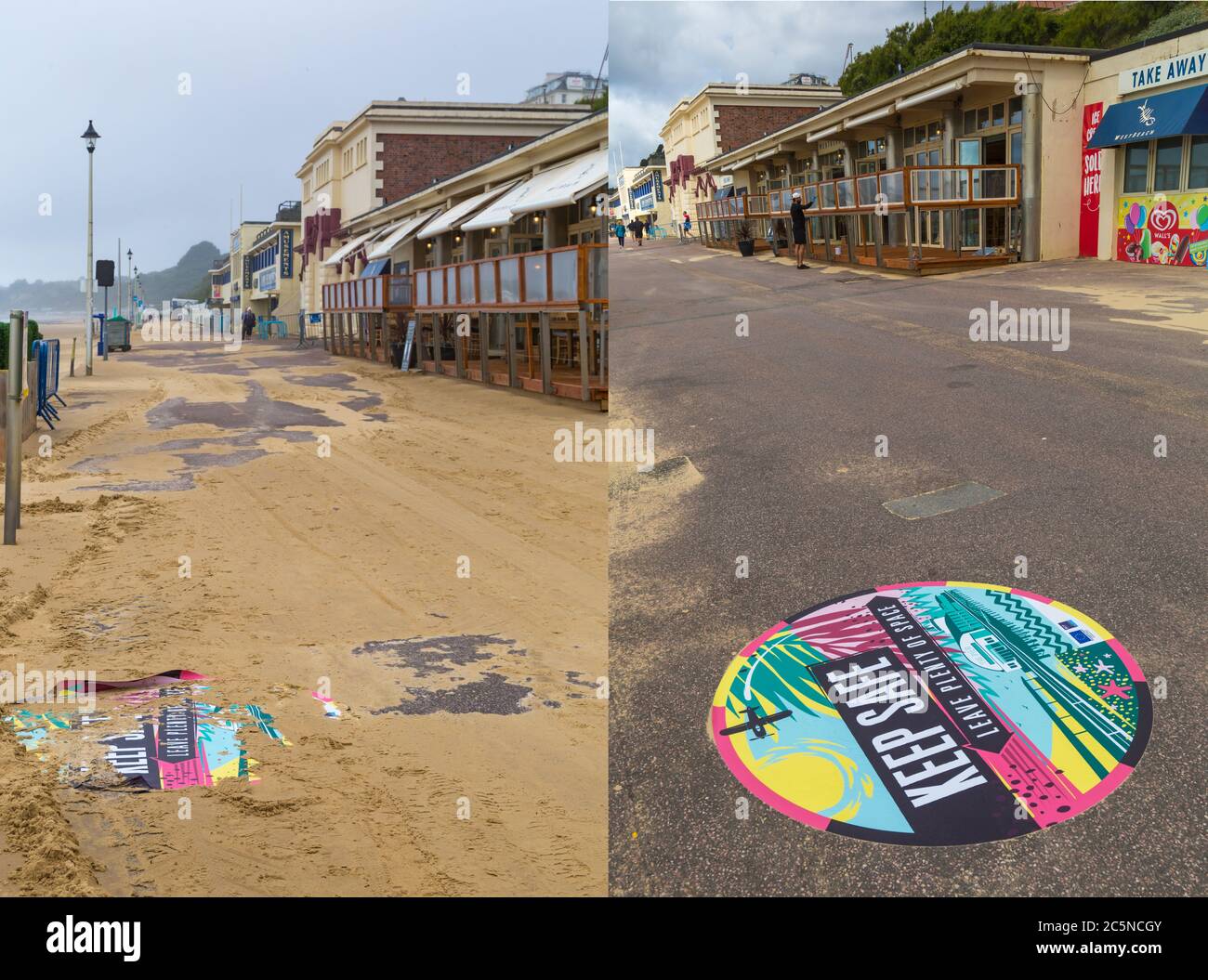 Bournemouth, Dorset UK. 4th July 2020. UK weather: windy, drizzly and murky at Bournemouth beaches as very few people visit the seaside, apart from surfers and kite surfers, so can adhere to social distancing measures. This composite shows the amount of sand blown up on the promenade (left) since yesterday (right) with the new sign reminding visitors to keep safe and leave plenty of space ravaged by the weather and barely visible. Credit: Carolyn Jenkins/Alamy Live News Stock Photo
