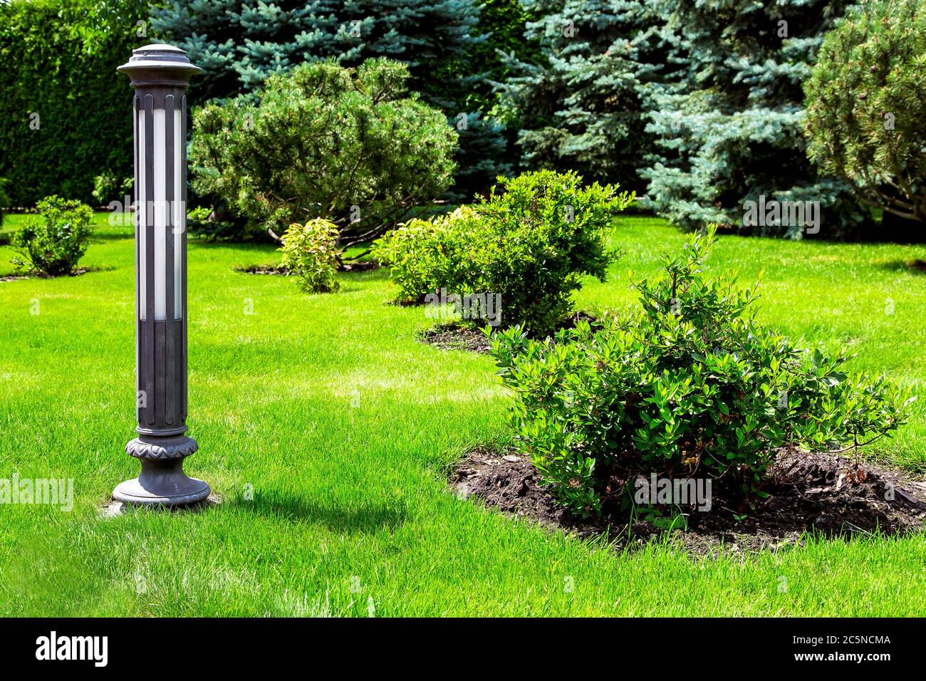 Lighting Ground Lamp Street Mounted on a Green Lawn in a Park. Stock Photo  - Image of friendly, flora: 156425484