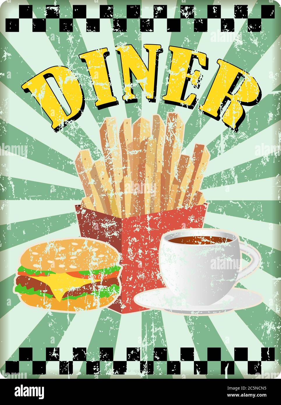 Retro fifties diner sign with french fries. burgers and cofee.Free copy space, vector. fictional artwork Stock Vector