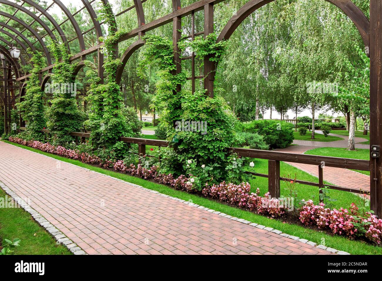 wooden arcade with climbing plants on arches and a flower bed with ...