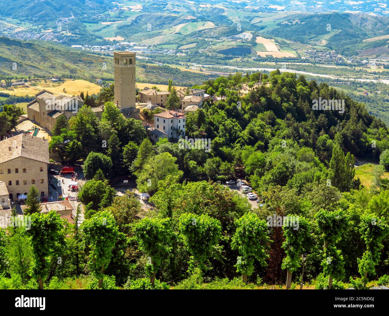 View to the medieval village San Leo from the fortress Stock Photo