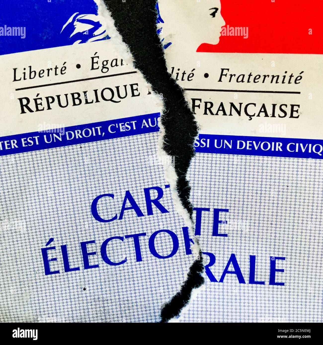 Torn French voting card, illustration for the disinterest of french citizens on the occasion of the recent municipal elections, France Stock Photo