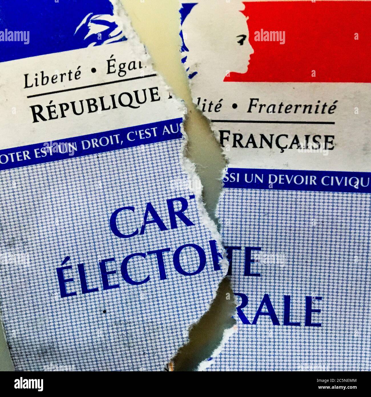 Torn French voting card, illustration for the disinterest of french citizens on the occasion of the recent municipal elections, France Stock Photo