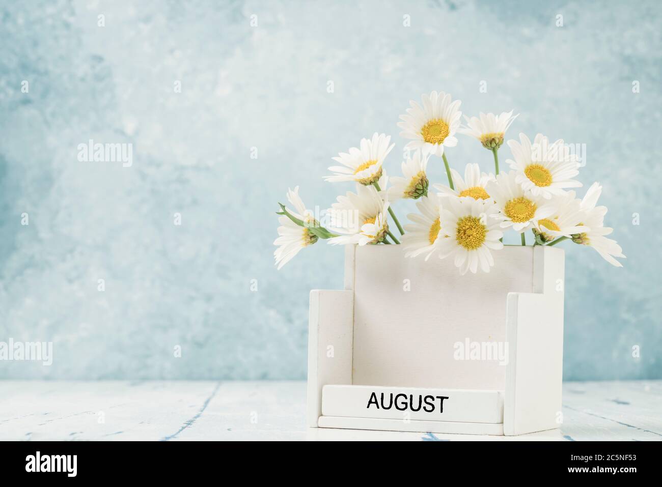 White cube calendar for august decorated with daisy flowers over blue ...