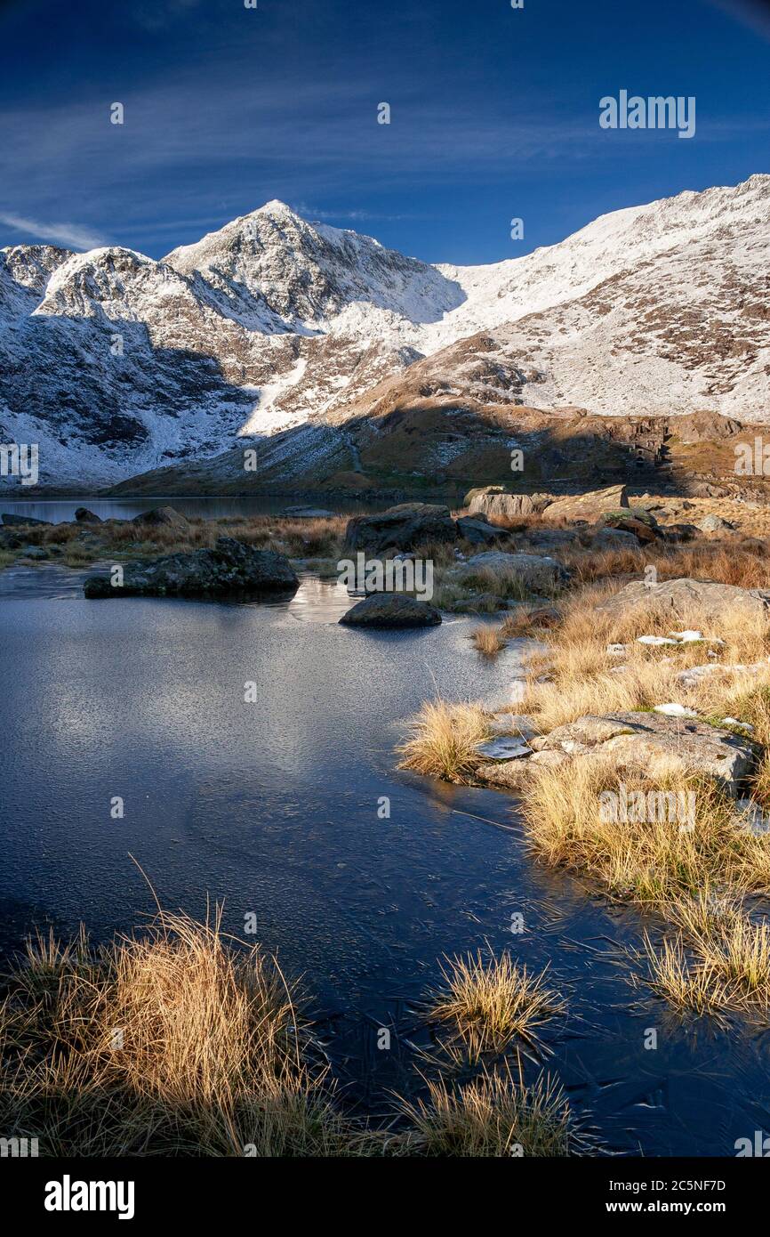 Snowdon mountain in snow, North Wales Stock Photo