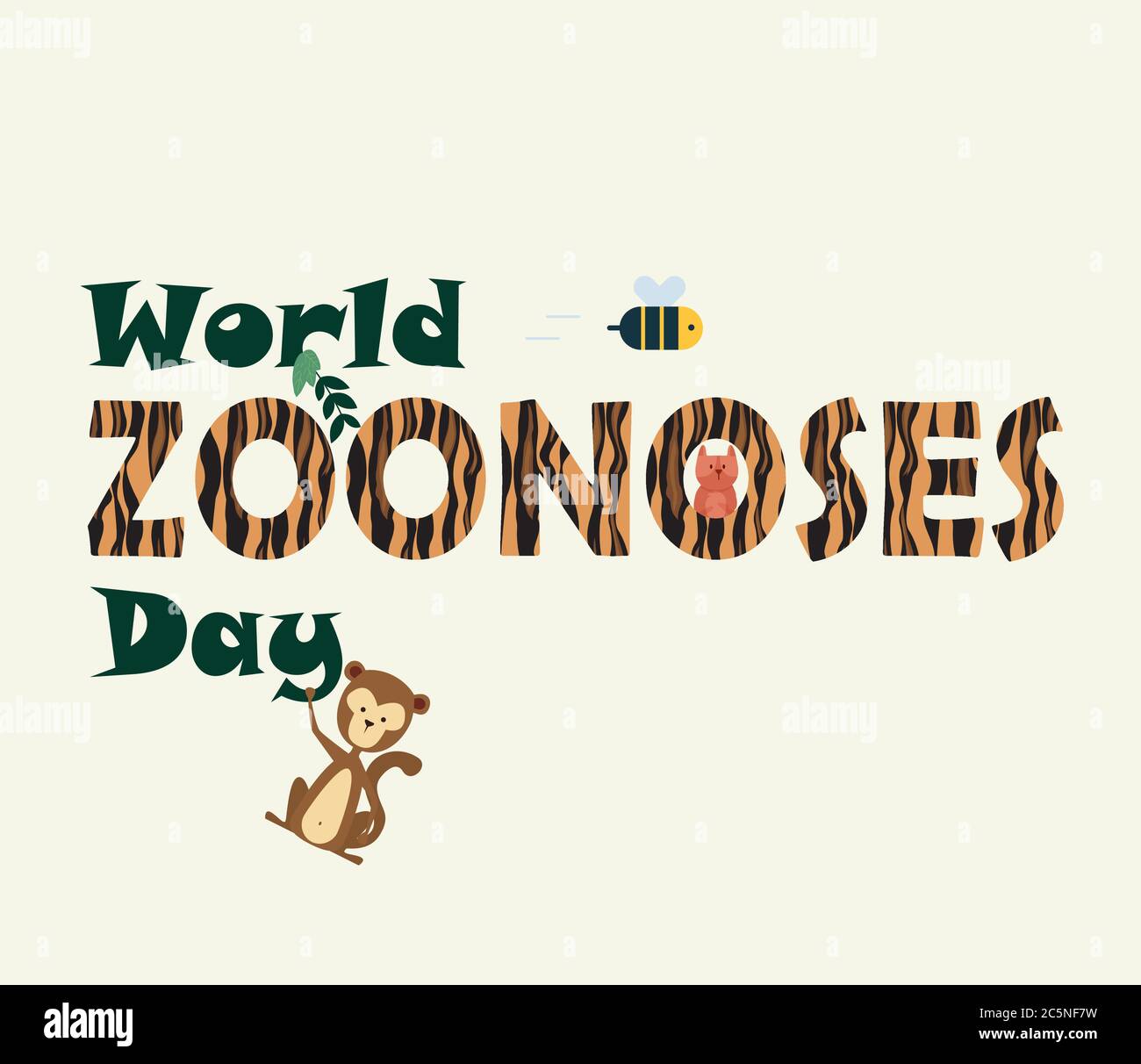 World Zoonoses Day, animals in the jungle with tiger stripes poster, background, illustration vector Stock Vector