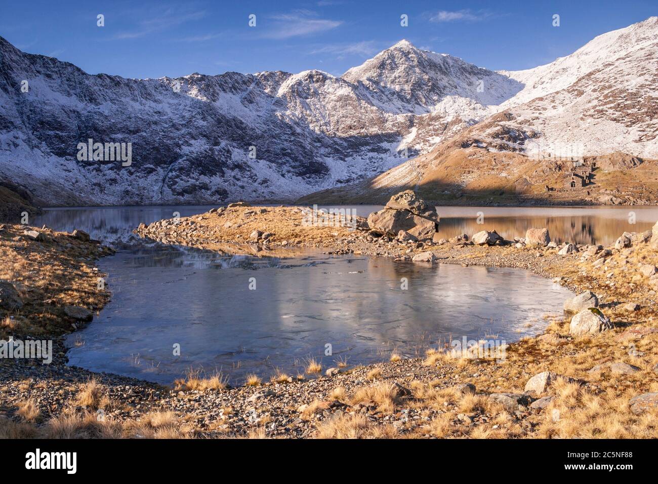 Snowdon mountain in snow, North Wales Stock Photo