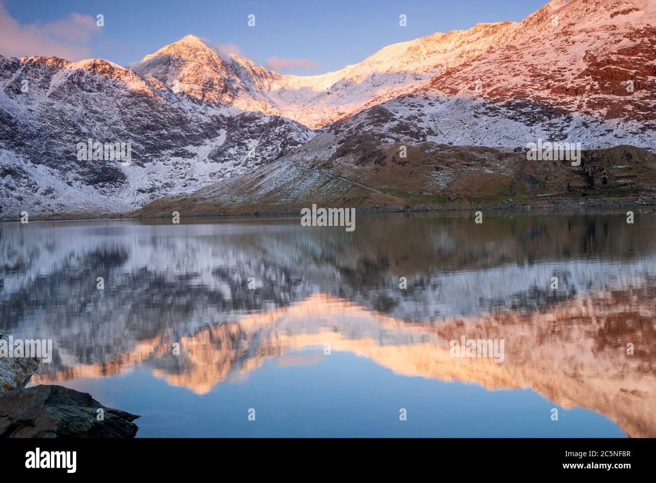 Snowdon mountain in snow, North Wales Stock Photo