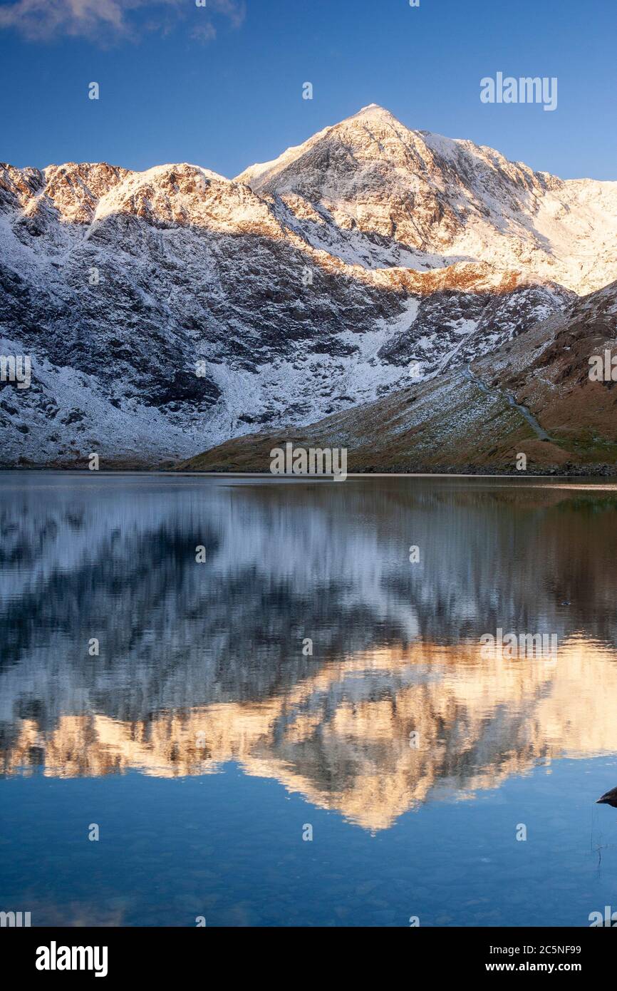 Snowdon mountain in snow, North Wales Stock Photo