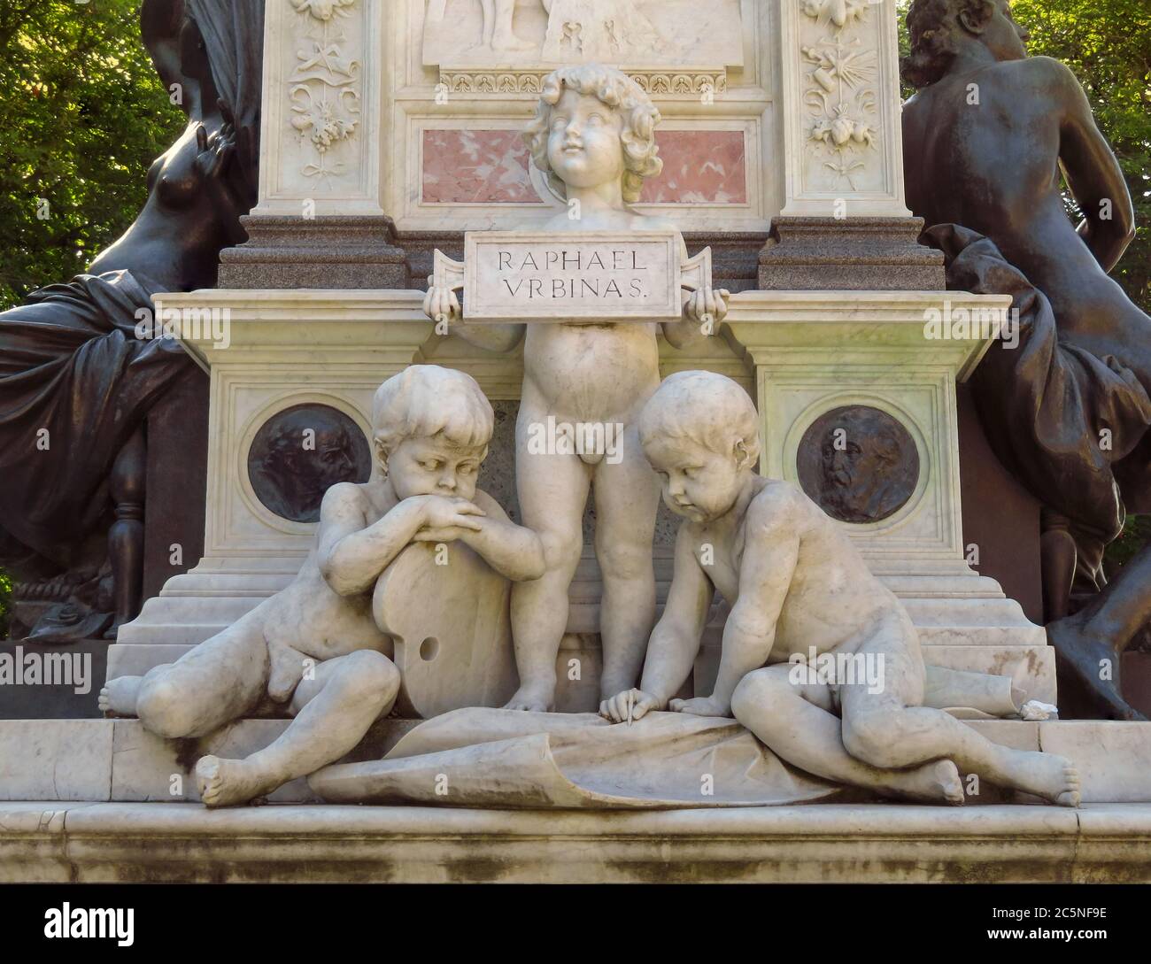 Urbino, Italy - June 24, 2017: Elements of the monument of the Raphael in his birthplace Urbino city, Italy Stock Photo