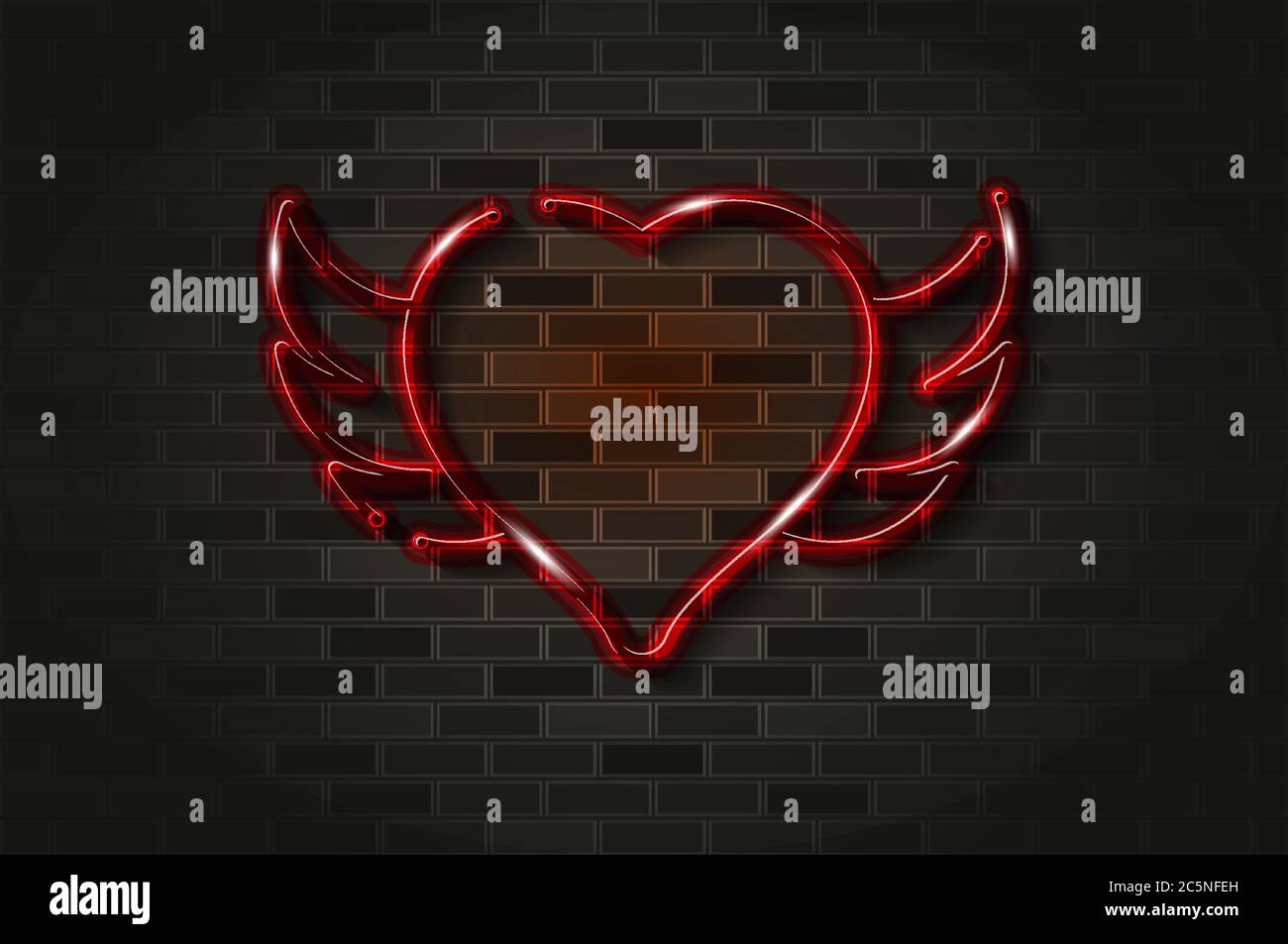 Winged heart red glowing neon sign or glass tube. Realistic vector illustration. Black brick wall, soft shadow. Stock Vector