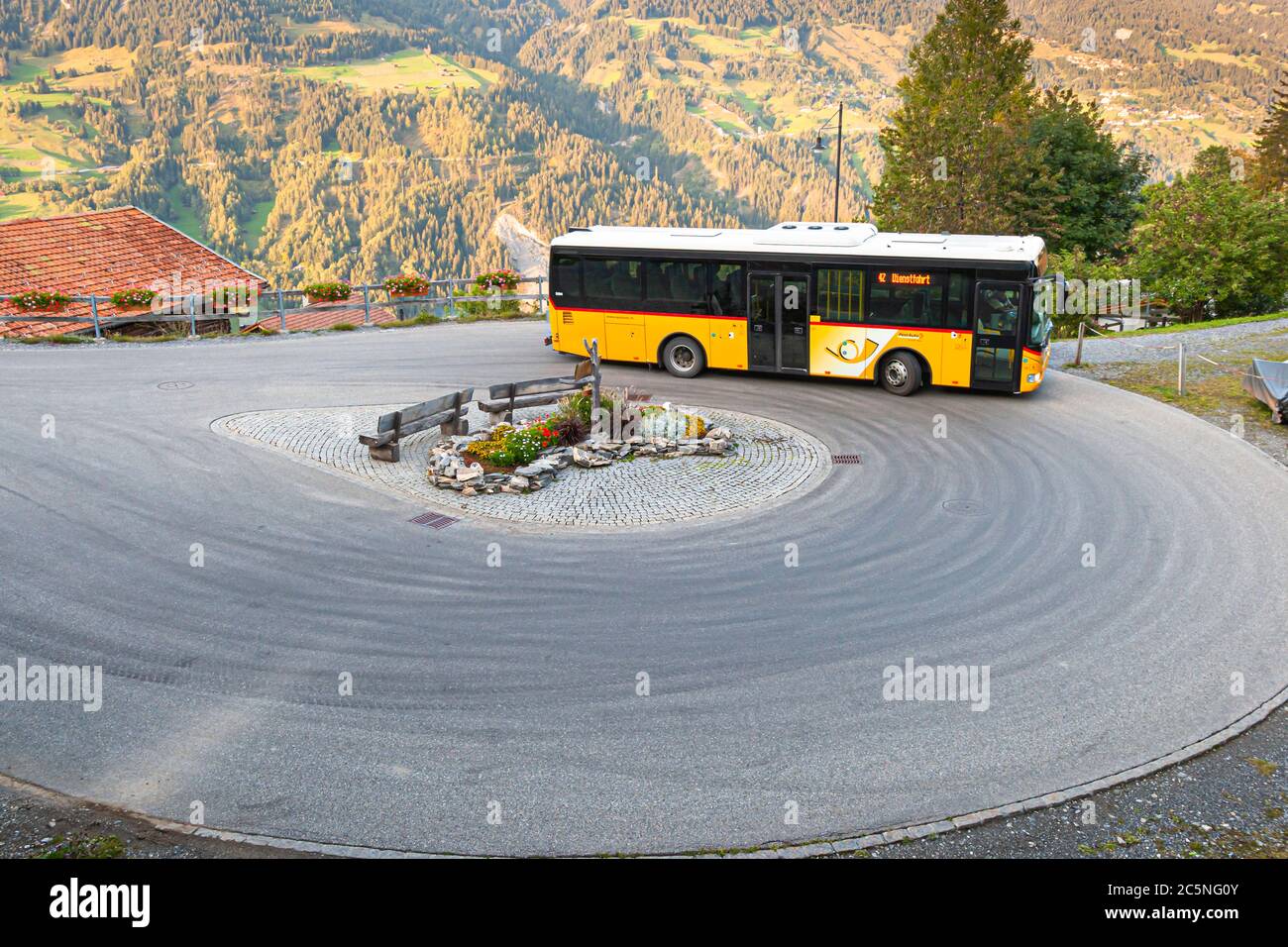Postbus terminus in Tschiertschen-Praden, Switzerland Stock Photo