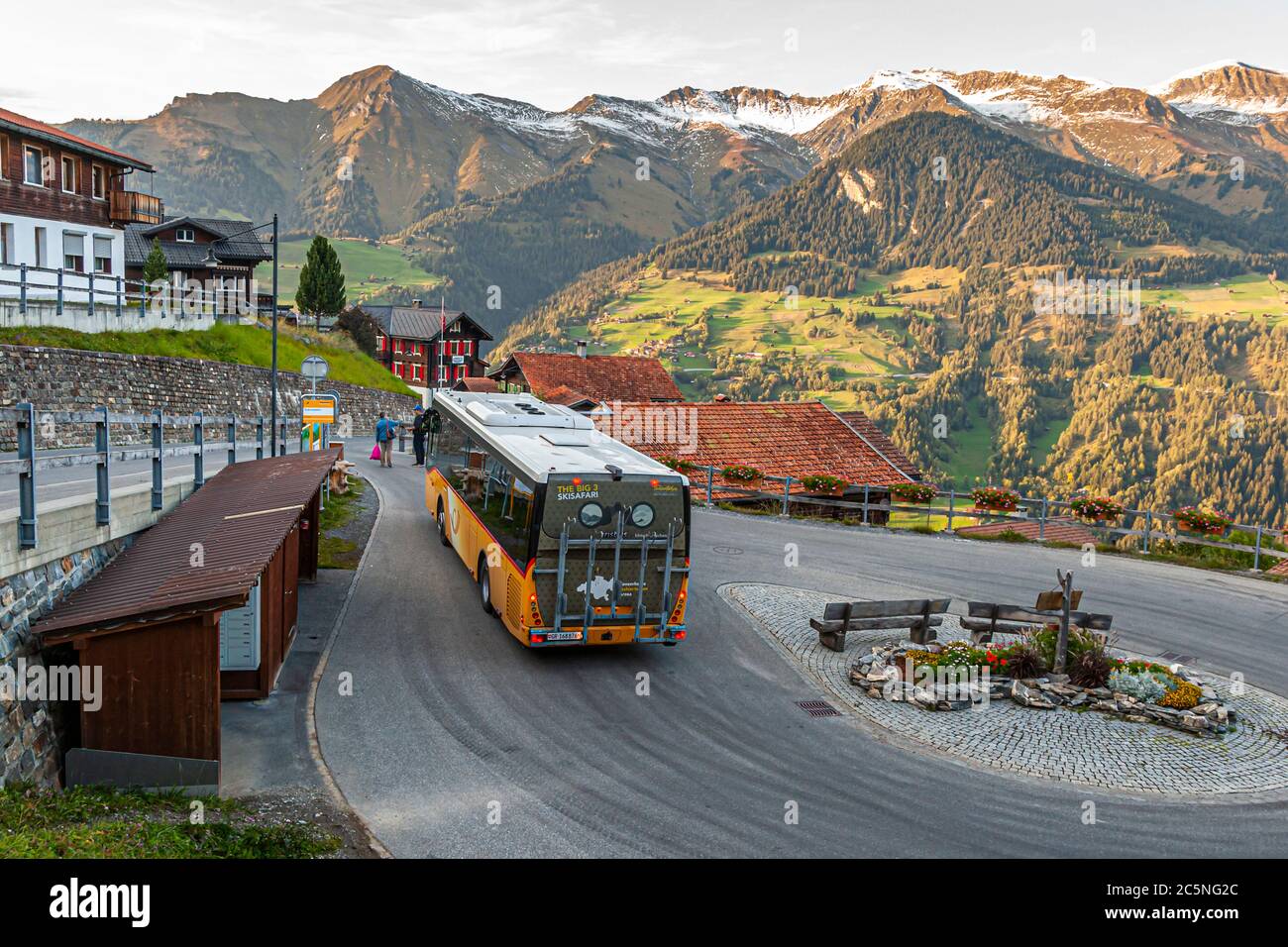 Postbus terminus in Tschiertschen-Praden, Switzerland Stock Photo