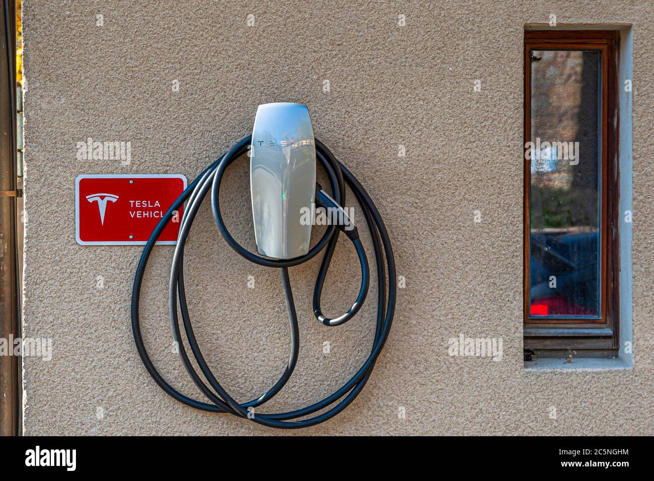 Tesla charging station for electric cars in Wernberg-Köblitz, Germany Stock Photo