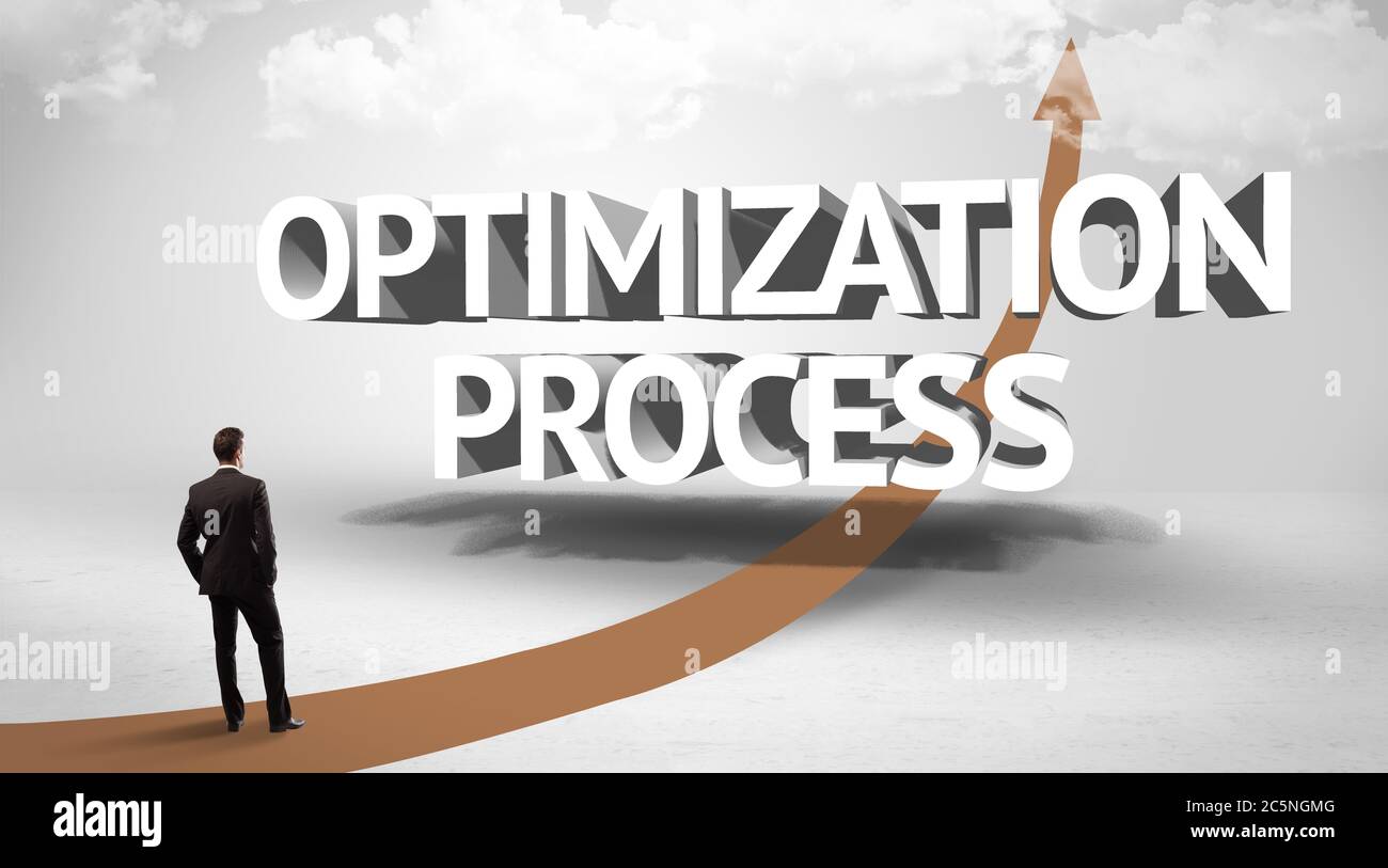 Rear view of a businessman standing in front of OPTIMIZATION PROCESS ...