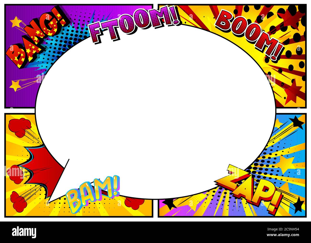Vector pop-art style comic book page template background with explosions,  speech bubble, halftone effects and rays Stock Vector Image & Art - Alamy