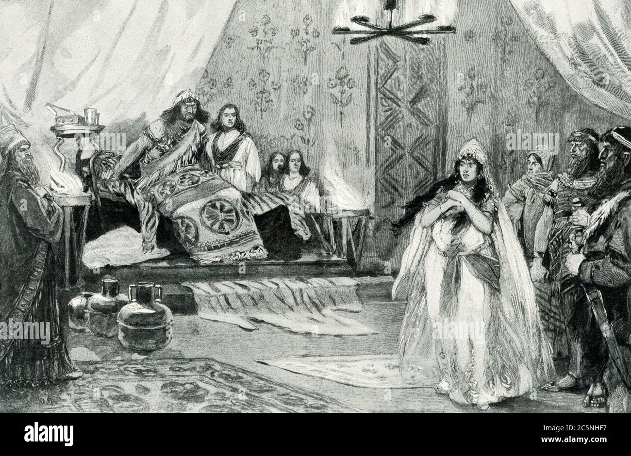 This illusttration dates to the early 1900s and shows Judith before Holofernes. The story behind Judith and Holofernes comes from the Bible - the deuterocanonical book of Judith. The Bible tells us that the King of Nineveh, Nebuchadnezzar, sent his general, Holofernes, to subdue his enemies, the Jews. Judith, whose name means 'lady Jew' or 'Jewish woman', was a strikingly beautiful widow. She overhears plans for surrender and decides to 'deliver the city'. She creeps into the Assyrian camp, seduces Holofernes with her captivating beauty (as seen here), waits until he is thoroughly drunk, and c Stock Photo