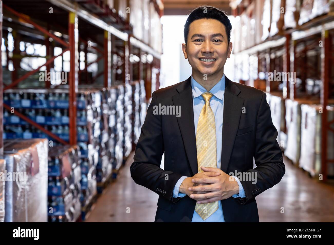 Portrait of asian confidence businessman investor stand in large factory and distribution warehouse environment. Business owner and investment concept Stock Photo