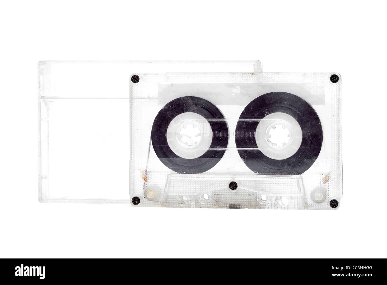 cassette tape on clear plastic cassette tape cases pack on white