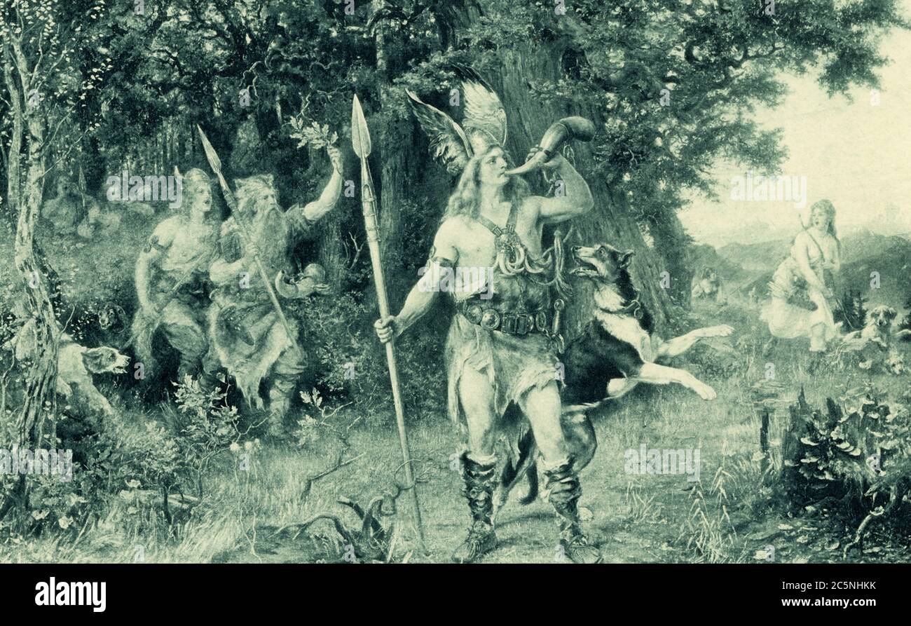 The caption on this early 1900s illustration reads:  Hermann Calling Germans to Arms. This plate is a copy of the celebrated painting by Herger. Its subject marks the beginning of German history. Hermann, the national hero, is summoning the wild “ger” or spearmen, the hunters of the Teutoberger Forest, to fight the great Roman army sent to conquer them. Even the women are answering the call. In the battle which followed, the Roman army was completely annihilated. It was one of the greatest defeats the Romans ever suffered. The year was 9 A.D. Stock Photo