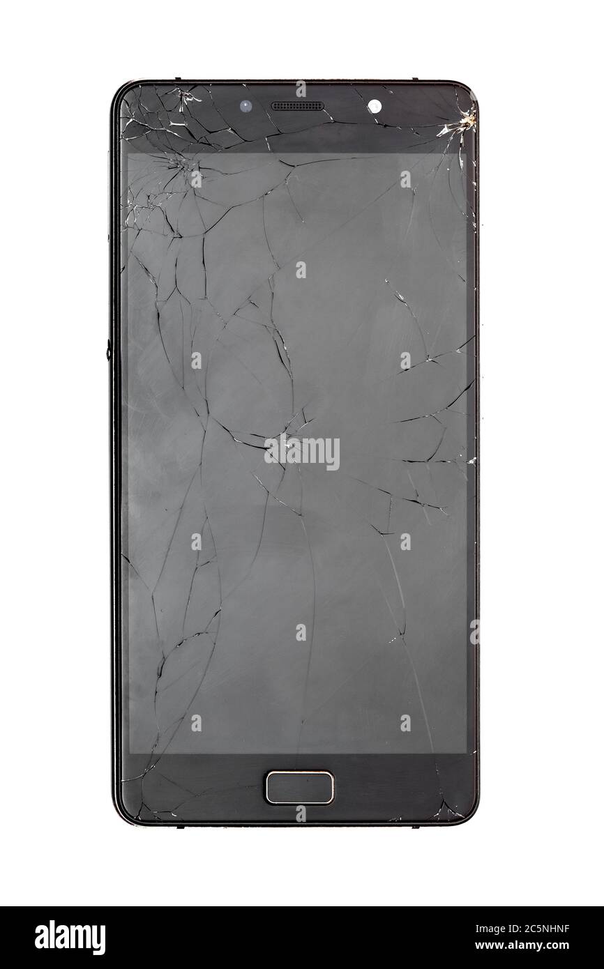 Front view of a smartphone with a broken screen, a cellular phone with