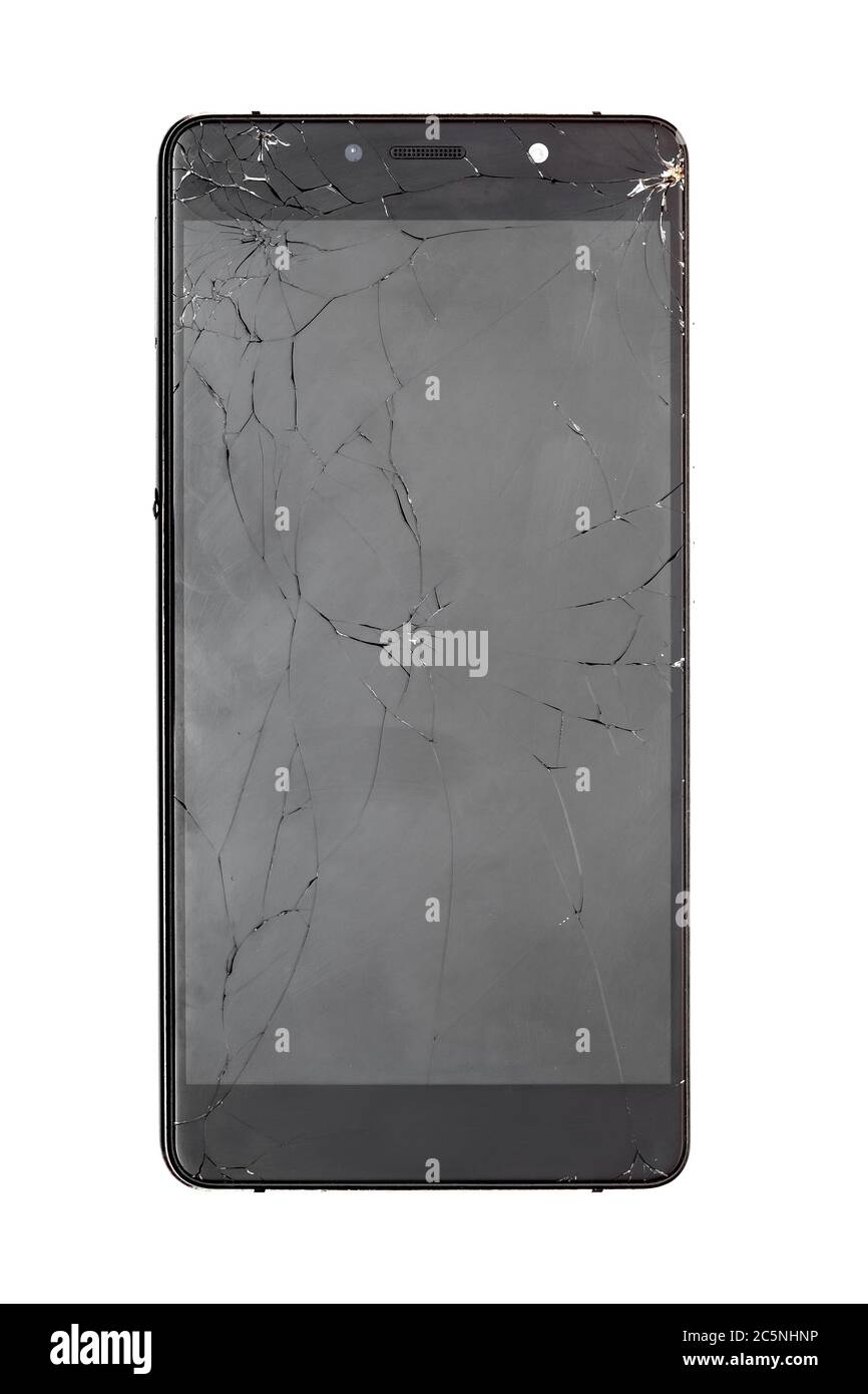 Front view of a smartphone with a broken screen, a cellular phone with a faulty display in impact cracks, isolated on a white background. Stock Photo