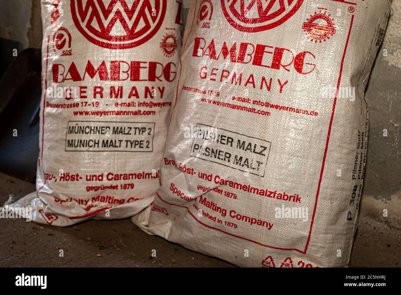 Brewing malt from the Weyermann company in Bamberg found in the communal Zoigl Brewery in Windischeschenbach, Germany Stock Photo