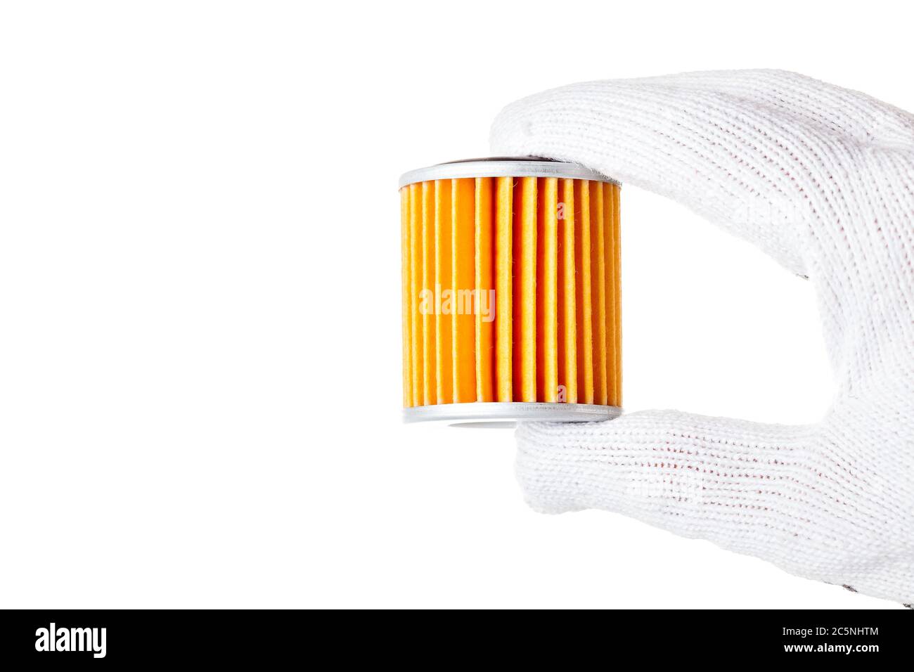 Car filter orange color in hand isolated on white background with empty ...
