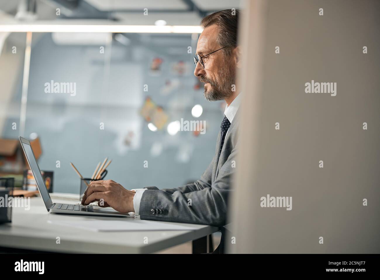 Middle age man working in office with laptop Stock Photo
