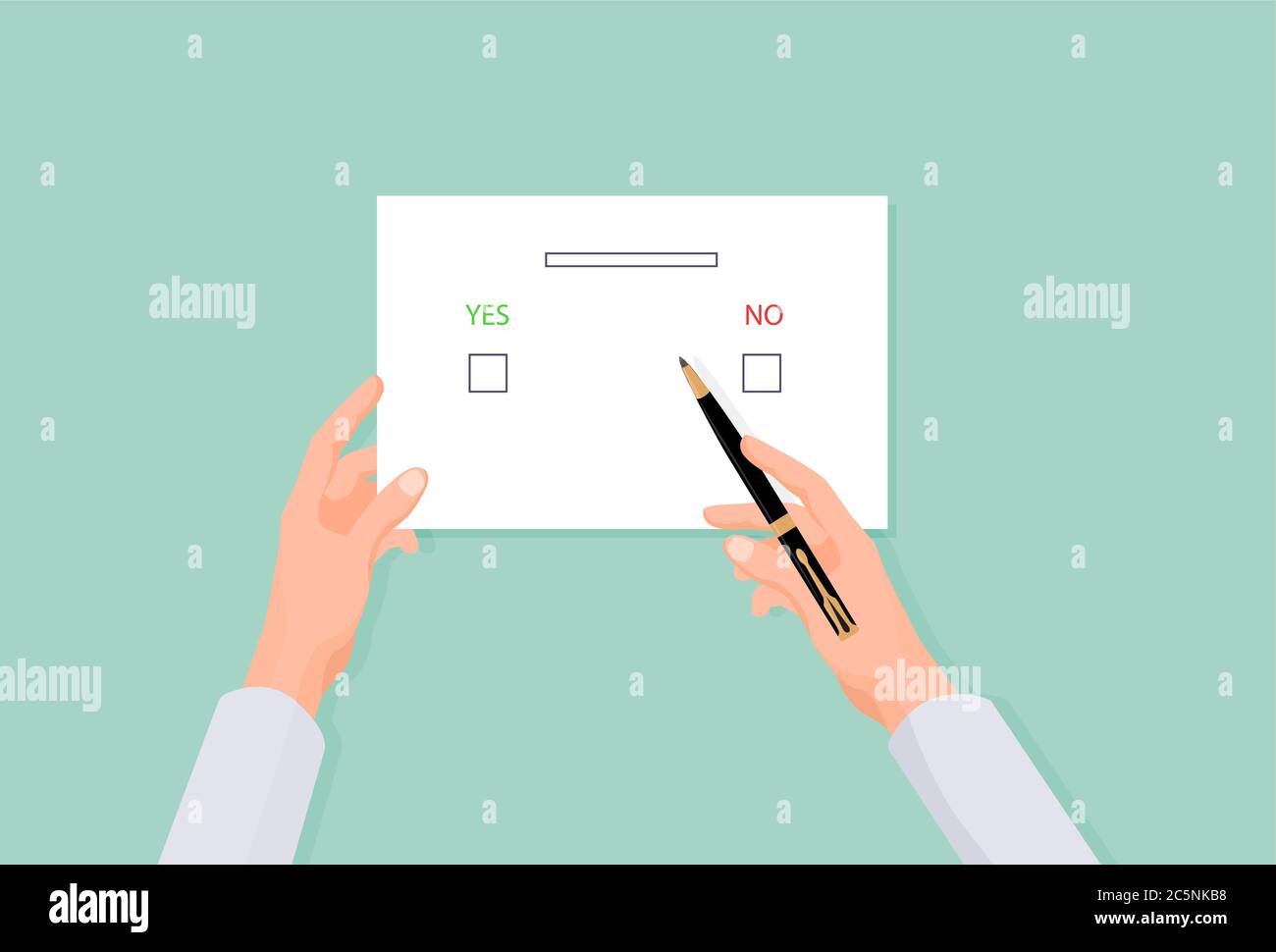 Hands holding an election form. Voting with yes or no choice when electing parties and president. Stock Vector
