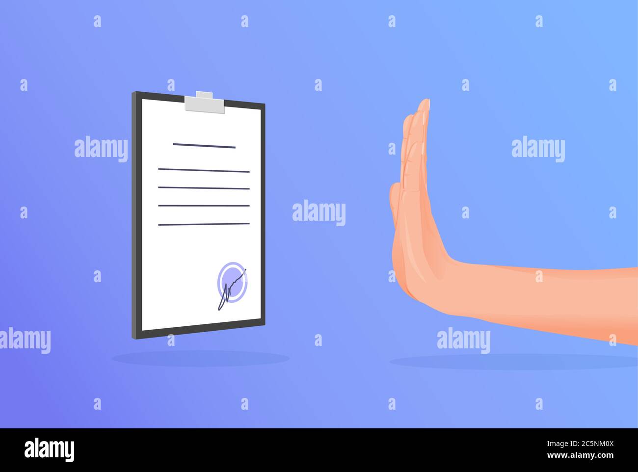 Hand renouncement contract. Categorical denial of signature document hand in stop position. Stock Vector