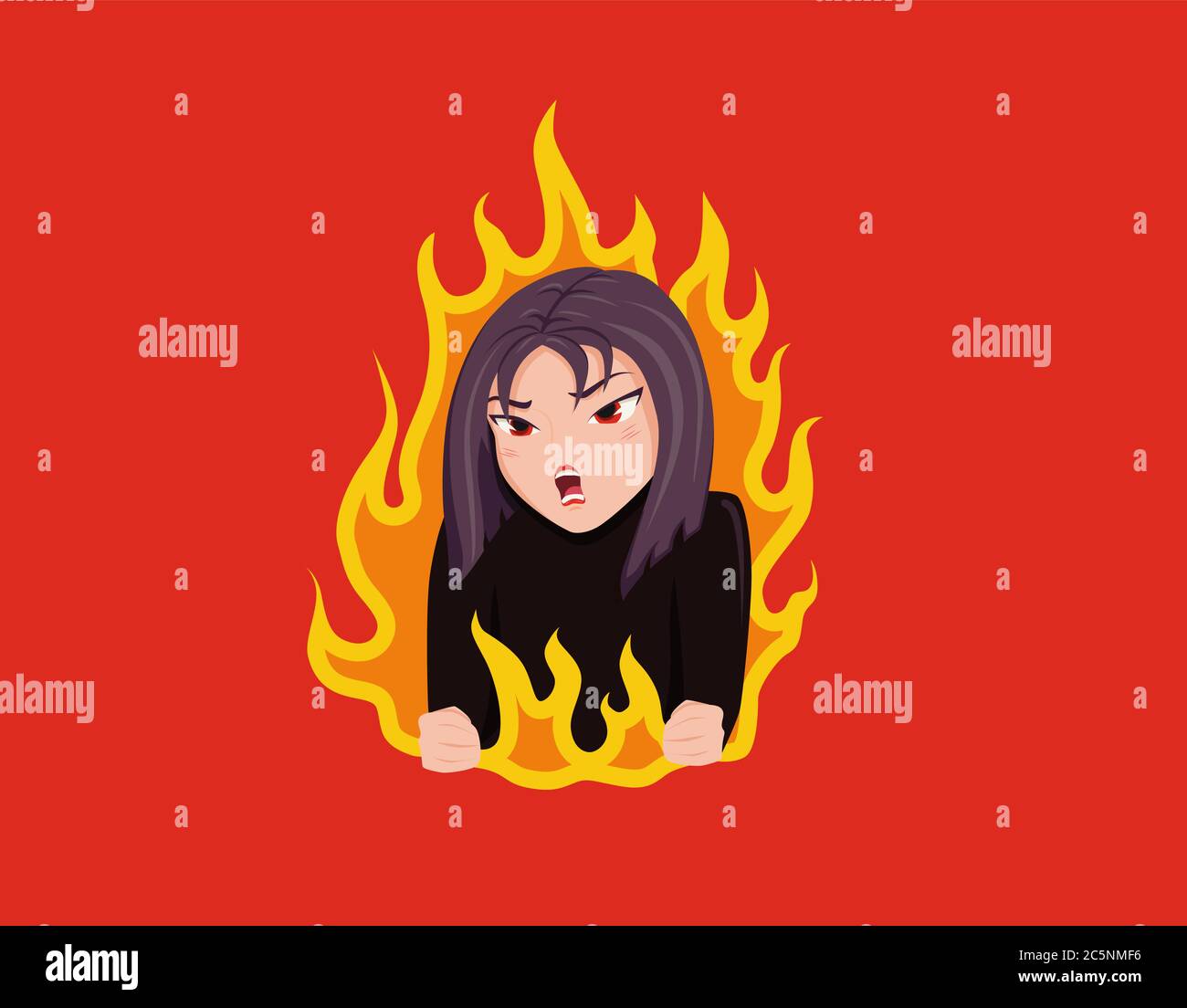 Wicked pretty girl. Angry woman with red eyes burns fire of hatred. Stock Vector