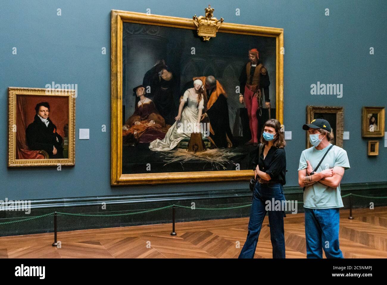 London, UK. 04th July, 2020. EMBARGOED TILL 1700 04/07/20 - The execution of Lady Jane Grey by Delaroche - The National Gallery is the first major public gallery to re-open, today offering a preview of the social distancing, one way system and other precautions - with the official public opening, with timed entry, next Wednesday. The 'lockdown' continues for the Coronavirus (Covid 19) outbreak in London. Credit: Guy Bell/Alamy Live News Stock Photo