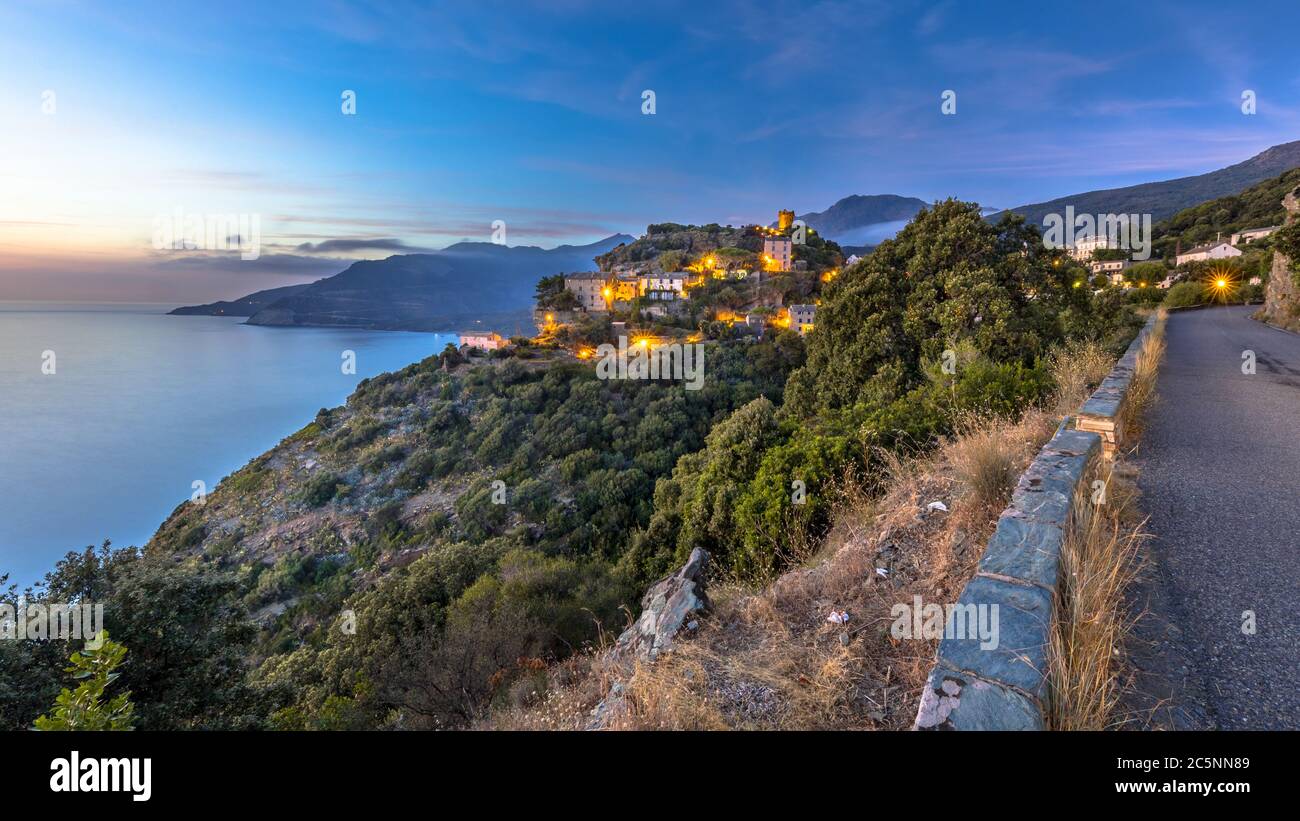 Mountain Village of Nonza with view over the mediteranean sea on Cap corse, Corsica, France Stock Photo