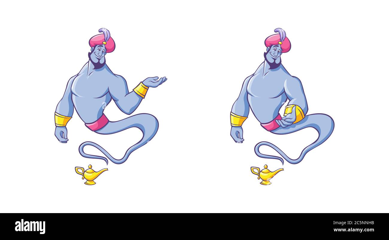 Genie from lamp. Magical character with smile in red Arabic turban gold bracelets emerges from ancient vessel. Stock Vector