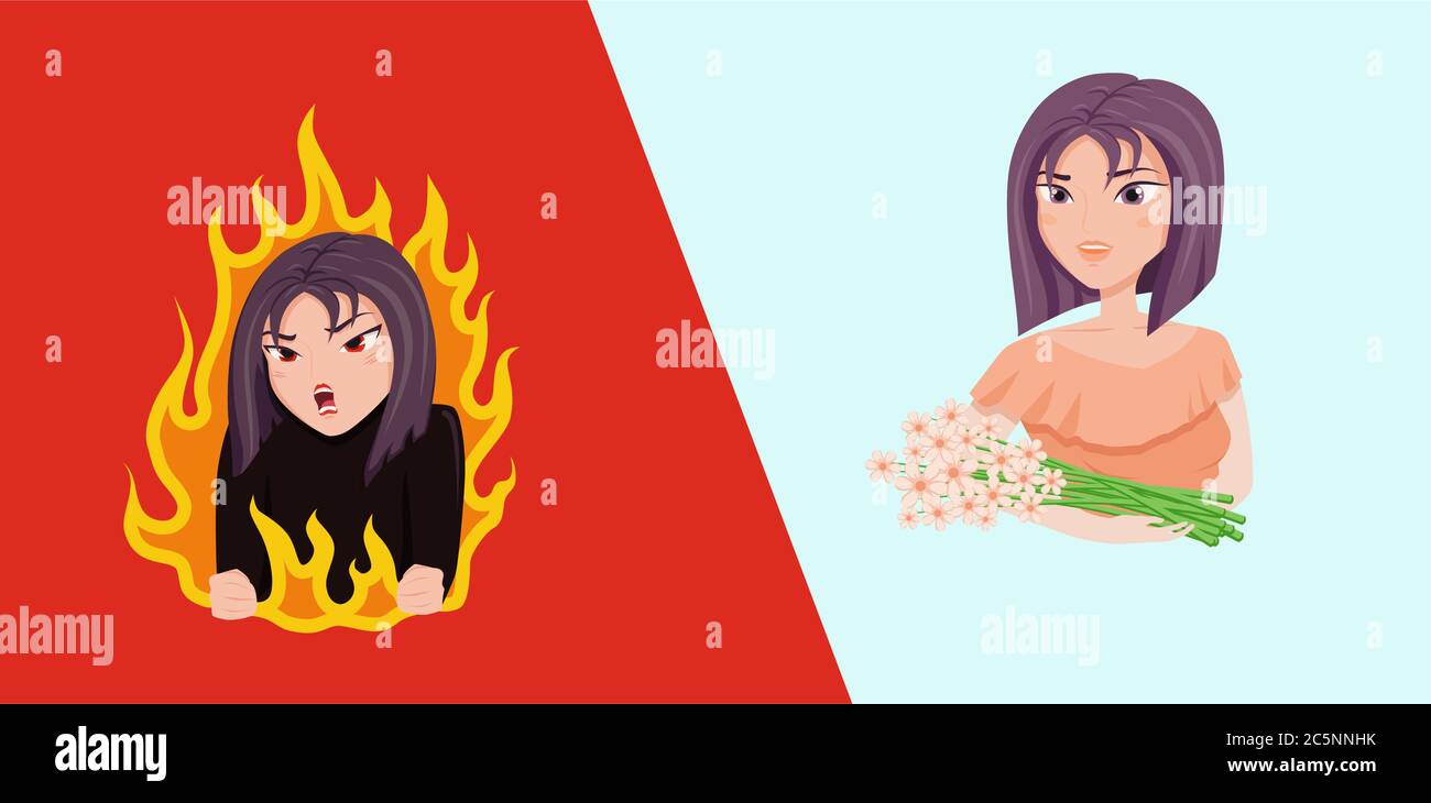 Angry and cute beautiful girl. Furious wicked woman blazing fire happy smiling with flowers stylish hairstyle. Stock Vector