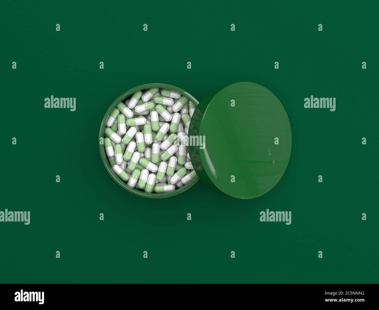 Pills in capsules in green packaging on a green background. Organic herbal vitamins on top view. 3D render with copy space for text or branding Stock Photo