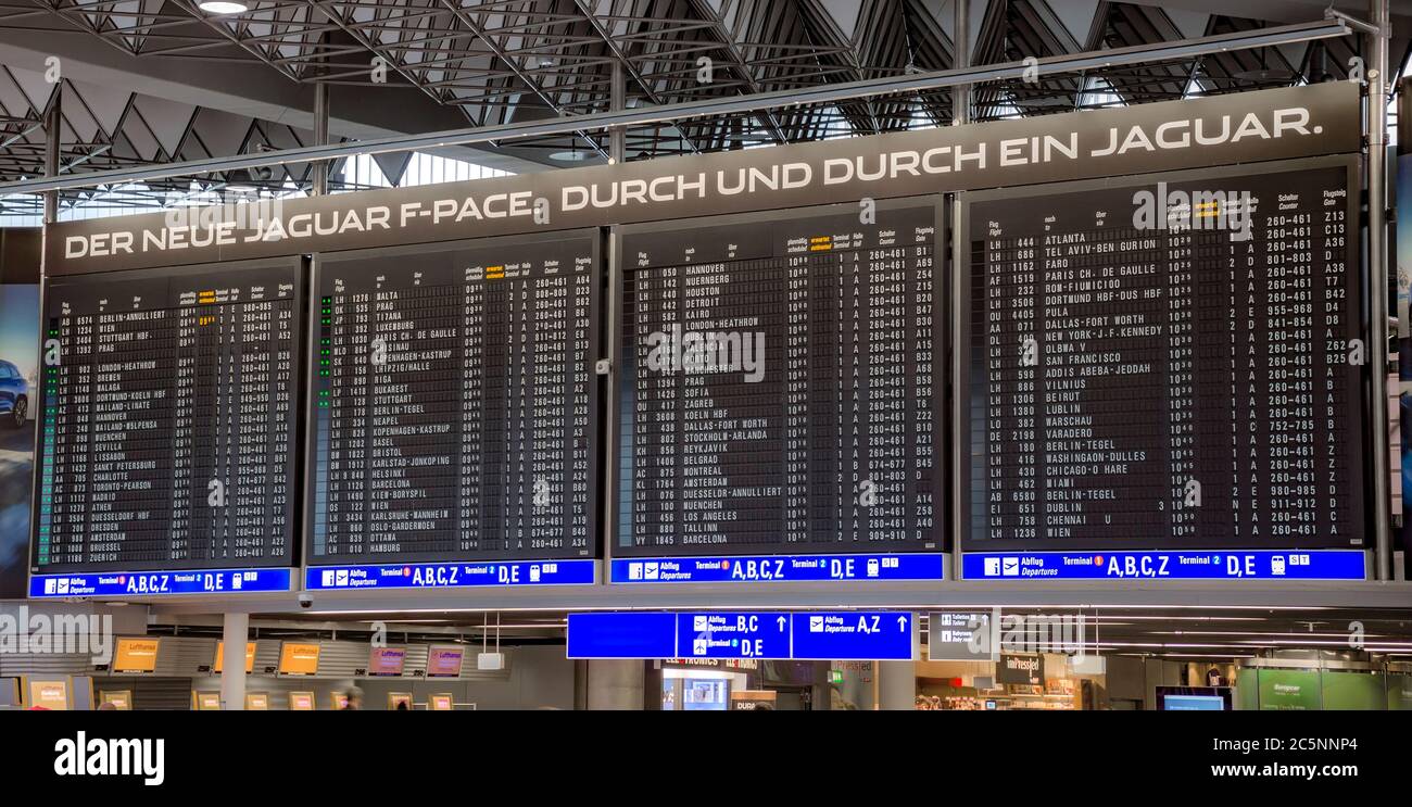 FRANKFURT AM MAIN, GERMANY - JUNE 30, 2016: Departures board in international Frankfurt Airport, the busiest airport in Germany. In 2012, Frankfurt ha Stock Photo