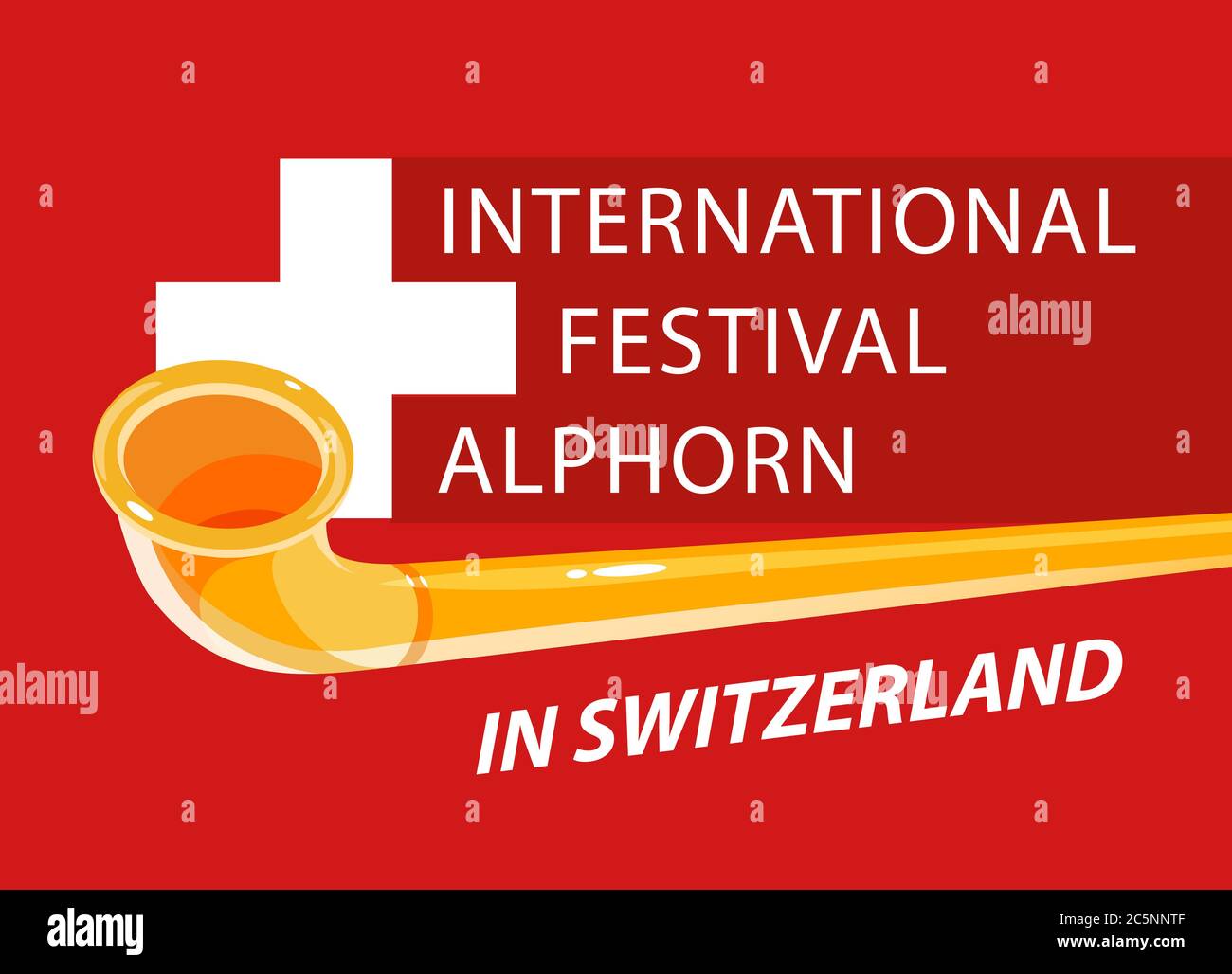 Alphorn international festival in Switzerland, Vector invitation banner template for web site with title and neutral red background. Stock Vector