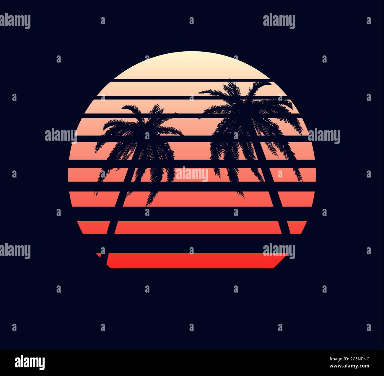 Retro sunset red white. Abstract two palm trees against fantastic ...