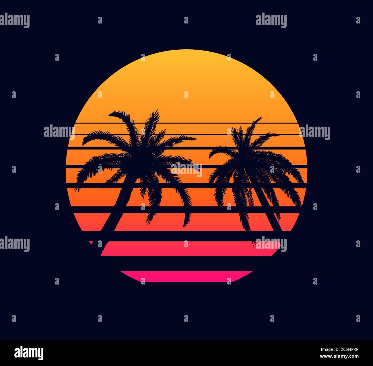 Retro sunset orange pink. Evening rays setting sun two palm trees against background. Stock Vector